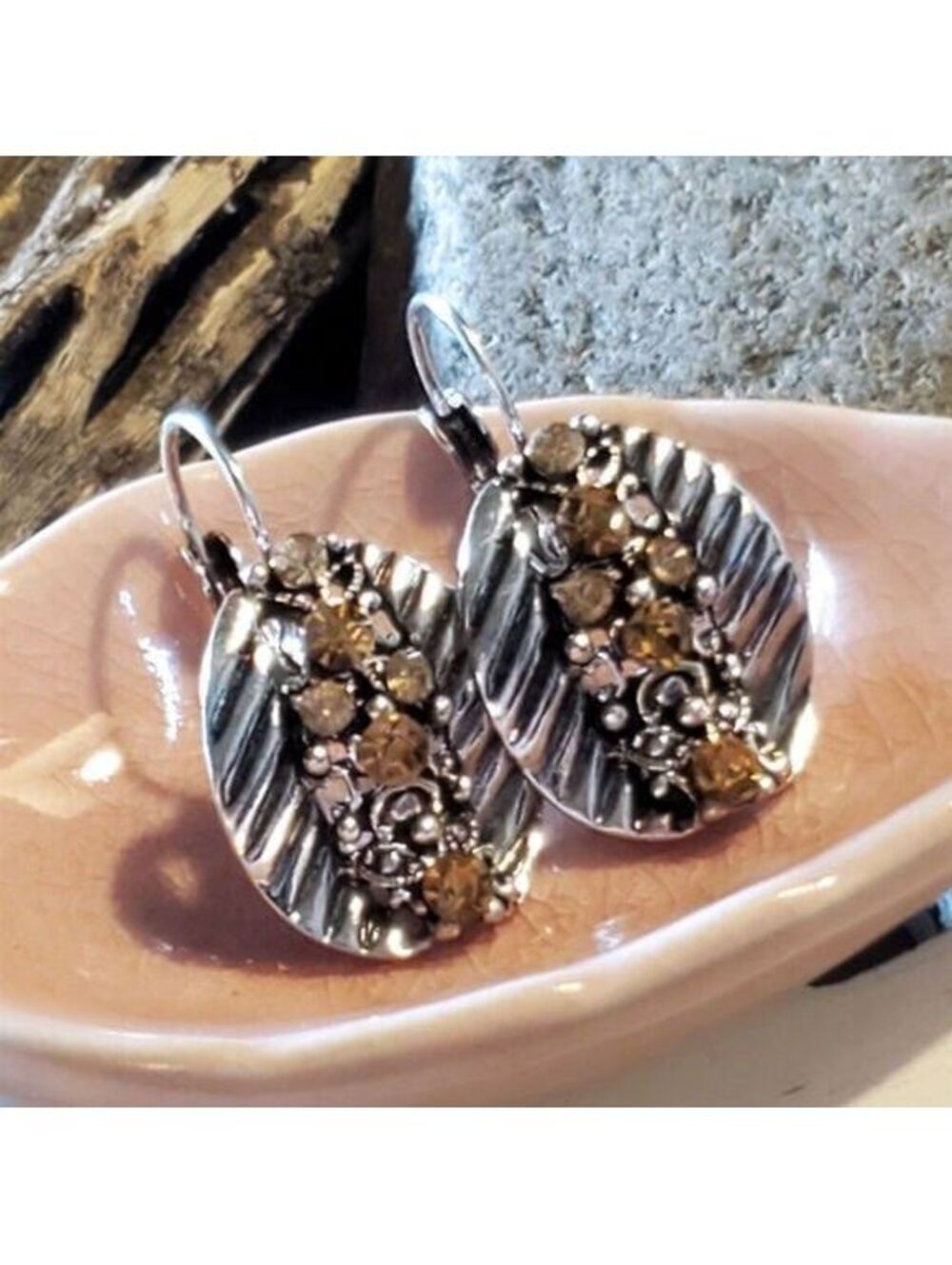 New Vintage Art Nouveau Amber Colored Crystals Antique Silver Leverback Earrings